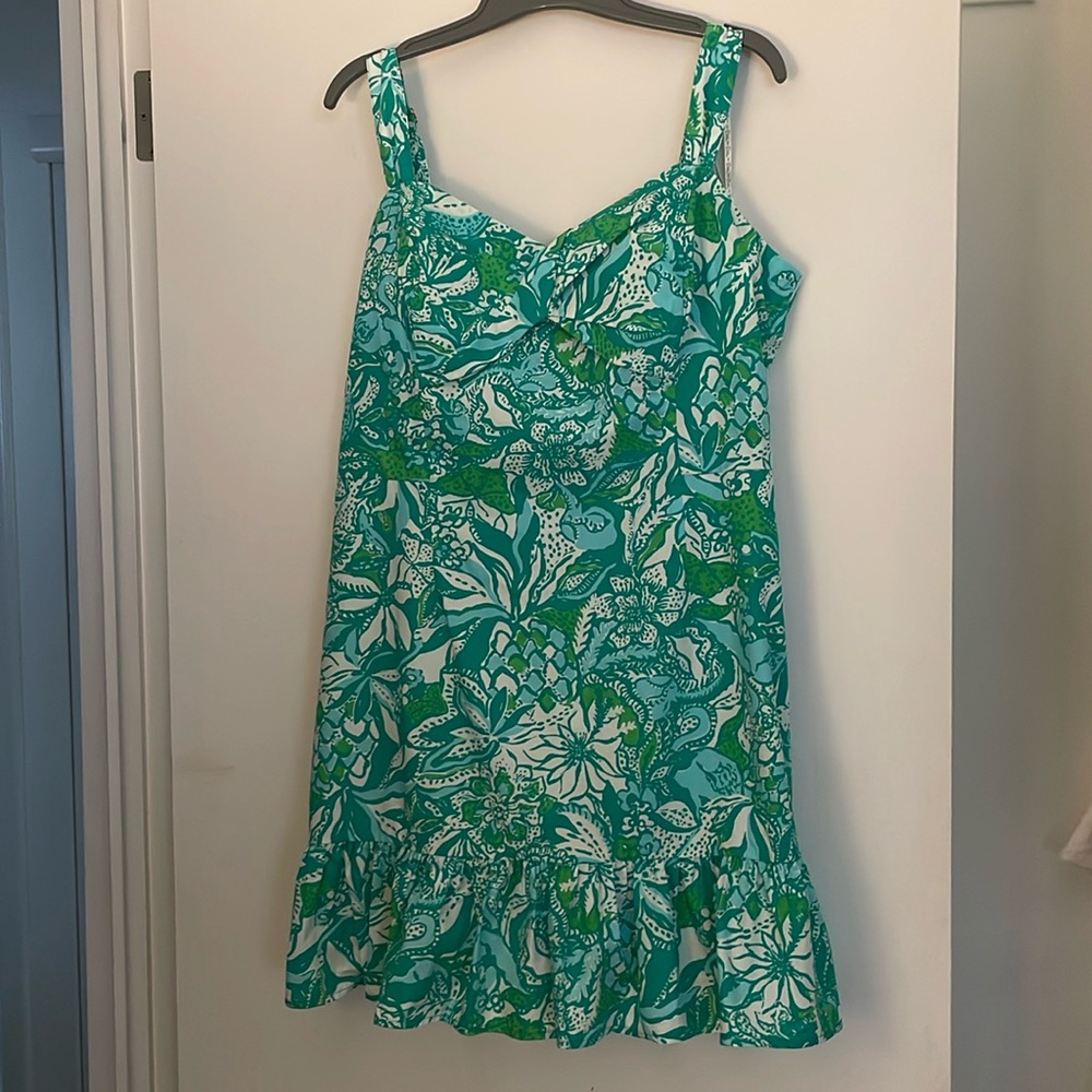 Lilly romper/dress with adjustable strap. worn once,  print-white, green & blue